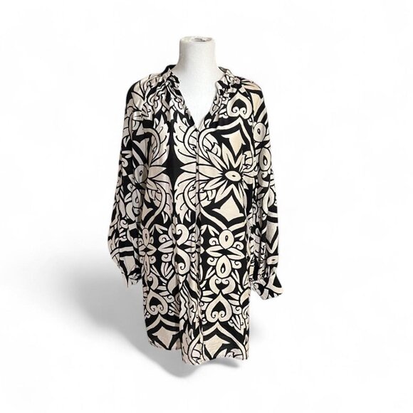 H&M Black White Abstract Print Dress M Fits L Flowy V-Neck Tunic Style Boho - Picture 1 of 7